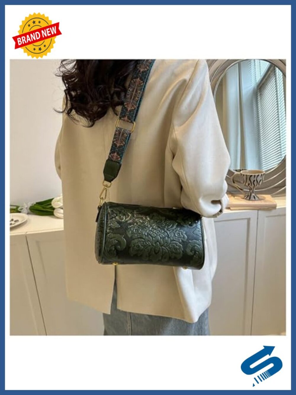 Vintage Floral Embossed Faux Leather Crossbody Handbag Adjustable Strap - Picture 4 of 6